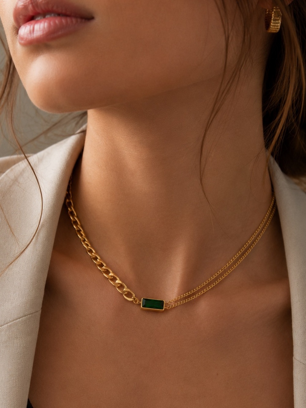 18K Gold Plated Emerald Green Pendant Cuban Chain Necklace